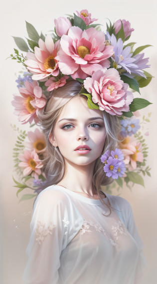 Woman with flowers on her head, vetor, cores vivas realistas, fundo branco, imagem detalhada, vetor feito para estampa de camiseta, 2D, Realistic image