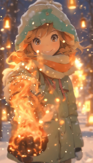 A little girl in a down jacket camps by the river?Winter is snowy?The girl drilled wood for the fire?A small fire?Little girl grilling fish over a small fire?wearing gloves?Wear a scarf?The little girl smiled happily?Children's illustration style?Full body like?Department of Healing