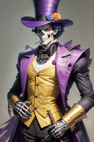 Skeleton armor, Brook, extremely tall skeleton dressed in formal attire complete with top hat and cane, style was that of a gentleman consisting of a coat, top hat, trousers and afro, which were black, while the inner linings of his coat were yellow-orange, The cravat that was tied in between his coat and around his neck was blue, The outer covering of Brook's cane sword which he carries was purple.