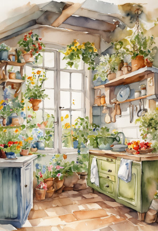 there is a kitchen with a table and a sink and a window, cottagecore hippie, cottagecore, cottagecore!!, with flowers and plants, with colorful flowers and plants, small kitchen, cute kitchen, romantic greenery, kitchen, nature and floral aesthetics, retro vintage and romanticism, house kitchen on a sunny day, decorated with flowers