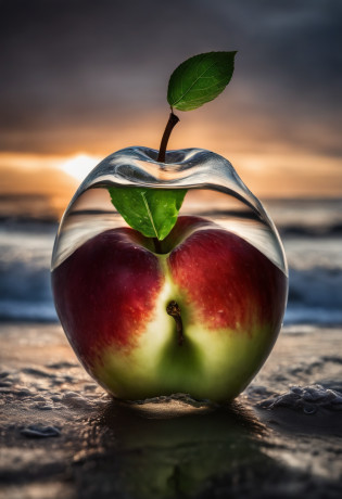 lovely double exposure image by blending together a stormy sea and a glass apple. The sea should serve as the underlying backdrop, with its details subtly incorporated into the glossy glass apple, sharp focus, double exposure, glossy glass apple, (translucent glass figure of an apple) (sea inside) lifeless, dead, glass apple, earthy colors, decadence, intricate design, hyper realistic, high definition, extremely detailed, dark softbox image, raytracing, cinematic, HDR, photorealistic (double exposure:1.1)