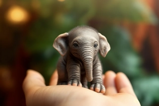 Hyper-realistic. A tiny elephant in the palm of a hand, Closeup shot with a Canon EOS 5D, magical realism photography, natural lighting, soft focus background, enchanting and whimsical mood. --ar 3:2