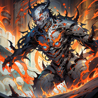 Imagine a terrifying and imposing demon emerging from the volcanic abysses. Its body is a sinister mix of fiery red flames and a robust exoskeleton made of volcanic rocks and molten magma.

The red flames that envelop the demon must be intense and fierce, radiating heat and destruction. They must dance around the demon's body, like tongues of fire that never go out.

The exoskeleton of volcanic rocks and magma should be dark and rough, with sharp details and underscoring the frightening appearance of the demon. Magma must flow through the exoskeleton, creating a sense of constant movement and uncontrollable power.

The demon's eyes must shine with a fiery glow, conveying a dark and sadistic malice. Its sharp horns should protrude from its head, giving it an intimidating appearance.

The demon must be portrayed in a menacing pose, as if it is about to unleash all its infernal power. The backdrop can be a volcanic landscape with bubbling lava and smoke, emphasizing the hellish nature of the character.

Let the creativity flow to create an image that conveys the terrifying and relentless essence of this flaming demon, with an exoskeleton of volcanic rocks and magma