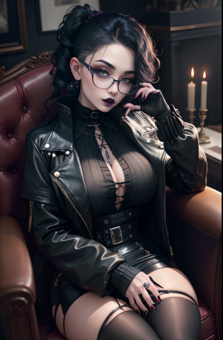 woman with black lipstick and a black jacket sitting on a chair, darkwave goth aesthetic, goth aesthetic, goth girl aesthetic, goth girl, gothic horror vibes, androgynous vampire, gothic aesthetic, ominous gothic aesthetic, goth vibe, cute goth girl, goth style,  anime goth girl , tan skin, round glasses, large breasts