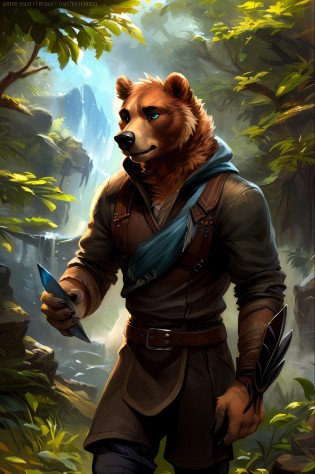 kenket, ross tran, ruan jia, bonifasko, a male bear made out of (wandering ranger), azure eyes, gray mane of hairs, fantasy portrait, finely detailed brown tunic, intricate design, double blades, silk, cinematic lighting, 4k,