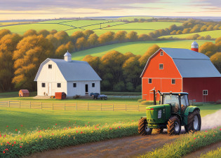 high quality comic of a farm scene with a tractor and farm buildings, rural splendor, country landscape, farm background, by Wayne England, midwest countryside, countryside city scene, by Rob Alexander, detailed scenery �width 672, by David B. Mattingly, by Ronald Davis, inspired by Terry Redlin, by Richard Sedlon, on a farm, farms, 4k by artist john sloane