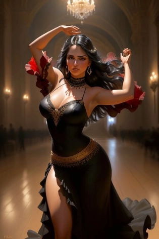 Masterpiece, best quality, (beautiful woman, dancing flamenco), 4 intricate giant earrings, black hair, very long dress, 3 huge shawl, bata de cola, frills and flounces, red-black palette, Mud�jar style, Romanesque architecture in background, dancing pose, portrait, 2 passion, grace, emotional, epic composition, tribal darkfantasy, dramatic shadows, by Fabian Perez, incredible detail, highly detailed, composition, ultra-detailed, light leaks, trending on artstation, sharp focus, Absurdres