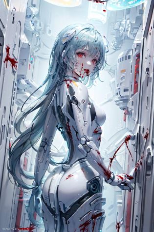 (masterpiece, top quality, best quality, official art, beautiful and aesthetic:1.2), (1girl:1.3), extreme detailed,colorful,highest detailed ((ultra-detailed)), (highly detailed CG illustration), ((an extremely delicate and beautiful)),cinematic light,((((1mechanical girl in container)))),white hair,red eyes,ayanami rei,solo,full body,(blood from mouth:1.4),(machine made joints:1.2),((machanical limbs)),(blood vessels connected to tubes),(mechanical vertebra attaching to back),((mechanical cervial attaching to neck)),expressionless,looking at viewer,from faucet,(wires and cables attaching to neck:1.2),(wires and cables on head:1.2)(character focus),science fiction,(blood:1.5),(stasis pod:1.5),(in container:0.6), <lora:zyd232_StasisPod_v1_0:0.9>   <lora:evaAyanamiRei_arV1:0.6>