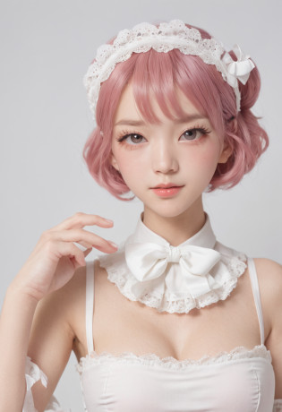 Pink shorthair?Because of the bangs on the left eye?I can't see my left eye when viewed from the front.???About the age?His face is Japan person-like.?Red eyes?Maid clothes?White collar independent?Ribbon replaces tie??Bare skin is exposed on the chest?White boob bag?Black corset girth?Those who have exposed skin?Independent sleeves from upper arm down?Sleeve color is black?The sleeves are white and ruffled?Apron slightly shorter than skirt length from the waist down?The apron is white with ruffled borders?The skirt is black and about 15 cm above the knee?Hanging socks with a garter belt?Socks are white with knee 5??Height above degree?Skin is exposed from the hem of the skirt to the top of the socks.?Skinny????A slight smil?a baby face?Black loafers at the feet?Katyusha on the head?The headband has decorations on the white flower buds.?Comes with pieces?The right side of the head is decorated with flowers.?Photorealistic?Skin like a real person?kawaii?small tits?high-level image quality?Large files?Small face?