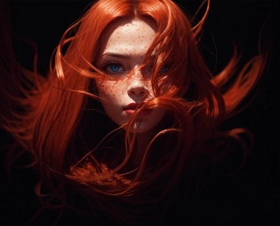 lowkey portrait of a breathtaking and beautiful woman face, Loose hair waves tumble down in firy colors, with intertwined rainbow shades, burning hair, glowing skin