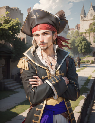 Pirate, nameless, European, 16th century, renaissance, age of exploration, age of 32, middle-aged, dedicate clothes, delicate, passersby face, npc face, mediocre,Featureless, not impressive, brave, proactive