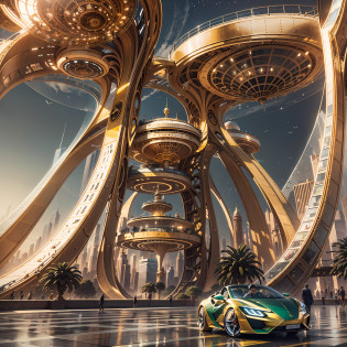Enter a fascinating vision of the future through captivating futuristic imagery of the city of Dubai. The towering giant skyscraper is decorated with gold ornaments and a smooth glass curtain wall?pierce the sky, The vibrant lights of the city that never sleeps. In the midst of a bustling cityscape, An iconic giant pyramid-style high-tech building, Its architectural marvels are enhanced in a futuristic style. When the hovercar glides easily through the air?The city is full of life?Full of life??Full of life??Full of life??Full of life??Full of life??Full of life??Full of life??Full of life??Full of wealth??Full of luxury??Full of technology??, State-of-the-art technology blends seamlessly with traditional Arabian luxury urban structures. This stunning work of art, Wear a sumptuous Arabian burqa?Arabian beauty covered in a gold veil?Standing on Balcony?Watch the magnificent city use Pixai to bring powerful AI models to life, Show the limitless creativity and possibilities of our imagination. Experience the future of the cityscape at Pixai?Immerse yourself in a visionary world of art