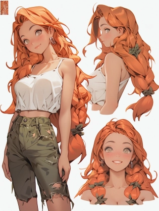 Character sheet?Girl with long hair?Multiple poss and expressions?Highly detailed?Depth?Many parts --ar 3:4 --s 750