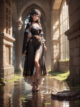 Numerous award-winning masterpieces, with incredible detail, textures and maximum detail, (Female cleric in black), (Female priestess in black), Gentle eyes, (She has a mischievous smile on her face), Friendly and girlish face, Glass earrings on the ears, ((((Full-length portrait)))), ((((full-body standing image)))), ((((gives full-body standing image)))), (Around her neck is a simple necklace of exquisite workmanship, ((looks up)), ((looking down)), Alchemist's room, Alchemist's workshop, Alchemist's laboratory, Ruins of an old castle, Ruins of an ancient castle, Deserted ruins, crumbling ruins, Ruins with clear puddles, Ruins with clear ponds, Ruins with clear calm water, Old ruins with clear water, twilight, sunset, dusk, wavelets, ripple on water, running water