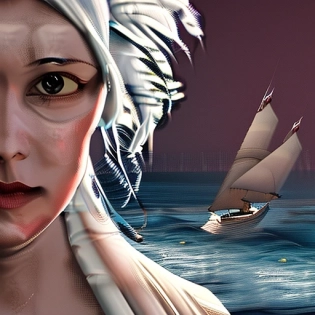 Photo girl with white hair in a ultra realistic sailing ship, dramatic light, pale sunrise, cinematic lighting, battered, low angle, trending on artstation, 4k, hyper realistic, focused, extreme details, unreal engine 5, cinematic, masterpiece, art by studio ghibli, intricate artwork by john william turner