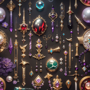 in the style of futuristic?(Full Focus:2),(Everything is laid out in a display case:1.3)?(ore|Luxury weapons|obsidian|pearls|hisui|white jade|amethyst|sapphires|Gold products|Silver products|Purple gold|Magical jewelry|antiquarian|Red Jewel|Diamond|topaz|:2)?Magic symbols?Magic light particle effect?High-tech luxury? High-value jewelry,?High-value metals?luxury goods?Puzzles are prohibited, Detailed and complex background, glittery, reflective light, hyper HD, Award-Awarded, A high resolution, High detail, Chiaroscuro, Cinematic lighting, Masterpiece, Ray traching?structurally correct, Super detail, High quality, High details, Best quality, 16k