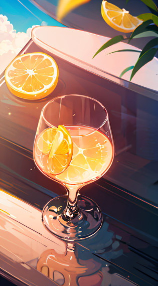 Gray sweater?Burgundy leather coat?Gray hair?Lemon tree in background?Sunny with blue sky?beautiful cloud?Floating lemon slices?A large glass of lemon juice on the table --auto