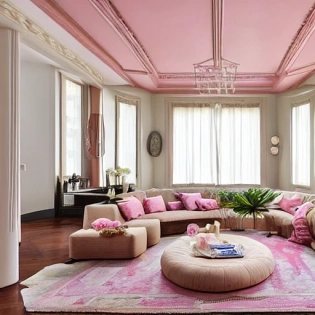 high resolution photography interior design, dreamy robust living room conversation pit, wooden floor with medallion area rug, kitchen, bauhaus furniture and decoration, high ceiling, beige pink salmon pastel palette, interior design magazine, cozy atmosphere, family room,