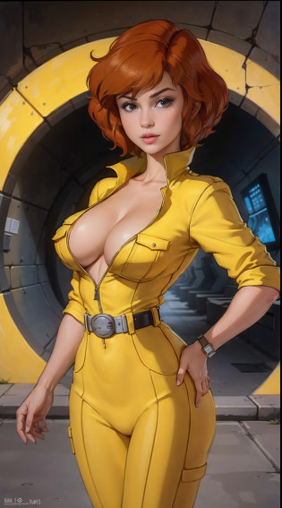 motor irreal:1.4,UHD,La mejor calidad:1.4, fotorrealista:1.4, textura de la piel:1.4, obra maestra:1.8,showing back  April O'Neil waifu, 1980s \(estilo\), 1 mujer, brown hair, Pelo rojo,pelo corto,cabello naranja,expresion seria, expresion preocupada, Estilo de arte retro, pelo corto, solamente, mujer reportera television, traje de jersey amarillo, white belt,traje de jersey en las caderas amarillo, (desnudo_senos: 1.2), Medio_senos, escote, ojos hiperrealistas, Hermosos ojos,ojos detallados, cara realista, mujer bella mujer, fondo realista,Inside a cyberpunk sewer tunnel, Amazing lights, amazing background, Reportero de TV