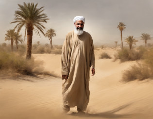 Man, Muslim, wearing kondura beige, desert background, palm trees, left right side, shouting,  frustrated face, high res, ultrasharp, 8k, looking at right side, advance in aged, sephia color, grey bearded