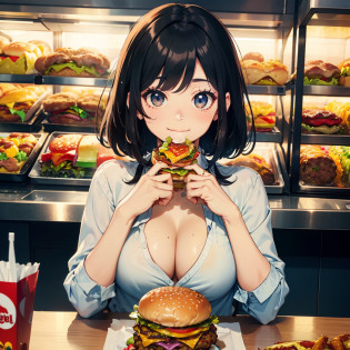 1 beauty?17-year-old high school girl, tiny chest ,Watery Big Eyes?Sit facing the camera, (Her mouth is puffed up full of hamburgers), long eyelasher?falda corta?Blushlush?Black Perm Hair, in fast food shop, (with big smiles on their faces,She put a hamburger in her mouth.,),Hamburger steak sandwiched between cleavage, Food residues spilled on the chest