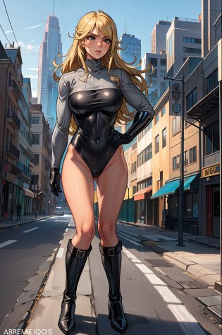 masterpiece, best quality, agrias, grey sweater, black leotard, transform, blonde hair, superhero, boots, city backdrop