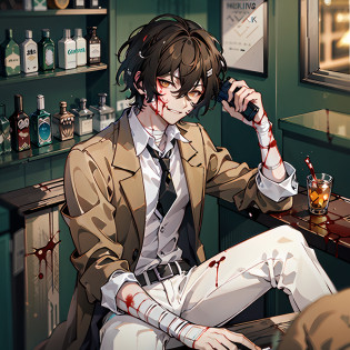 (masterpiece, best quality:1.2), cowboy shot, solo, male focus, 1boy, dazai osamu, brown jacket, white pants, bandages, (blood:1.1), sitting in a bar, dark, sitting, smirk, glowing eyes, gun on table, blood splash on  face, mafia, holding gun to his own head, toungle out, (pistol:1.1), gun in hand, gun, gun to head, holding gun to head, holding gun, better lines,  highest quality, ultra beautiful, better looking pistol, pistol, 4K, Wallpaper