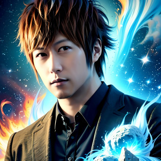 ( cool guy?short detailed hair, exquisite facial features , brown  hair ), fire dragon,ice Dragon, llight rays,beam of light,swell sea,tidal waves, kosmos,starrysky,starlights,dazzling,icey , yuki, Frost , raging fire?fire dragon?The sky is shattered?The wind howled?suns?In the snowy mountains?nigth?salama?Electro-optical?raiden?thunders?themoon?crescent?rays of moonlight?Lightning?volcano exploding?a volcano erupts?rainbowing?dark stormy clouds?blasts?choppy?The waves are skyrocketing?meteorite?meteors?the fire????a sea of fire?Big wind?typhoon?Stormy?Wind and clouds change color