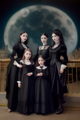 there are three women in dresses standing in front of a full moon, victorian gothic, victorian goth, inspired victorian sci - fi, goth family, victorian gothic lolita fashion, mourning family, the children of the night, victorian vampire, lori earley, artstyle tom bagshaw, fantasy victorian art, victorian inspired clothing, elegant victorian vampire, dark, gothic aesthetic