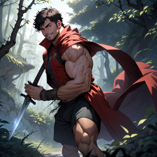 1boy, a man with a sword and a red cloak on his shoulders, abs, cloak, cowboy shot, flaccid, foreskin, large pectorals, looking at viewer, male focus, male pubic hair, muscular male, muscular, naked cloak, navel,,, pectorals,, pubic hair, red cloak, short hair, smile, solo, stomach, sword, testicles, thick thighs, thighs, fairytale prince, holding sword, 8k, ultrahd, dslr photo, ornate sword, highres, cinematic, hand through hair, brambles, thorny bushes, thorns, a man with a hand through his hair, depth of view, gloomy wood,