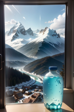 Mineral water bottle in the kitchen? Outside the window there are mountains?Clear water?ice cubes