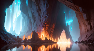 GRANDE caverna sem luz, totalmente escura, ((pingentes de cristal vermelho luminescente descem do teto iluminando parcialmente a caverna, lago interno reflete a luz vermelha.