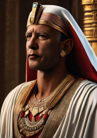 um close up de um homem vestindo um manto branco e um cocar vermelho, wearing an egyptian crown, pharaoh clothes, pharaon, portrait of anubis, brown skin man egyptian prince, egyptian clothes, Reis antigos em vestes brancas, pharaon, egyptian clothes, Egyptian god, maximus jacobs, the egyptian god, Egyptian, photo of ghost of anubis