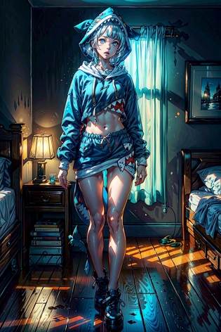 (full body:1. 5), dynamic pose, bedroom, gawr gura, (blue hoodie, shark hood, sharp teeth, shark tail), (toned stomach), (beautiful detailed eyes, symmetrical eyes), dynamic lighting, (realistic, photo-realistic:1. 4), (photon mapping, physically-based rendering), 8k, best illumination, hyperrealism, photography, <lora:add_detail:1>, <lora:gura:1>, <lora:koreanDollLikeness:0. 5>
