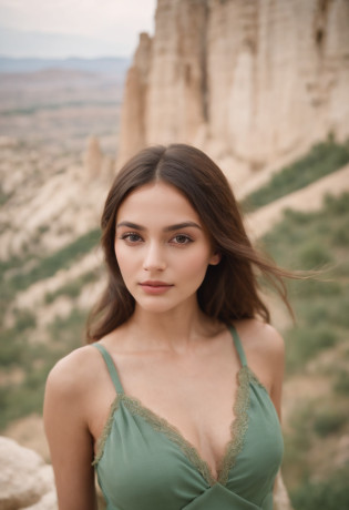 120mm photograph medium format film photography Kodak portra young, Russian Girl, 22yo, green tight outfit, tall woman, beauty. Background Cappadocia, Joyful, Emphasisers, Muted Colours, Hasselblad, big breasts, nude, neha sharma