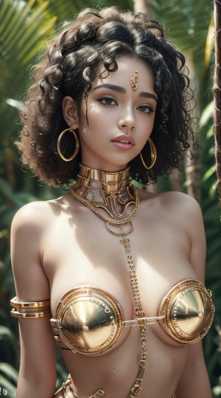 Woman naked in gold body jewelry, Highly Detailed Face and Skin Texture, ((white skin)) big green eyes, slim face, juicy lips, bimbo lips, big puffy breast, mikro breastplates ((afro curly Black hair)), Black hair, pale skin, Detailed Eyes, Double Eyelids, cyberpunk gold metal jewelry BDSM, gold metal cyberpunk tapes on body, metal Collar, metal gold futuristic tiny Panties t-strings, metal panties, metal stickini, metal cupless bra, metal clothes, gold body jewelry, wet skin, she is naked. White skin, she is im Wilde dark jungle with big trees. masterpiece