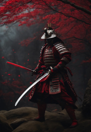samurai com roupa escura, componentes de robo, com uma espada brilhando vermelho, de frente, fundo escuro, realista,