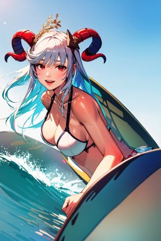 (masterpiece, best quality:1.2), <lyco:fireemblem_freyja-07:1.0>, <lyco:Surfing:0.8>, solo, 1girl, freyja, smile, surfing, waves, hair ornament, white bikini, large breasts