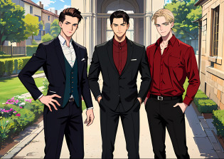 (absurdres, highres, ultra detailed), masterpiece, best quality, 3 man, handsome, black hair, brown hair, casual clothes, background is back alley, best light and shadow, trio friends, 1 black hair man ((sleek hair)), 1 brown hair man ((undercut hair)), 1 blond man ((stylish hair)), tall handsome man, hogwarts vibe, 3 friends, trio friends pose, charming men, (absurdres, highres, ultra detailed, HDR), masterpiece, best quality, anime, Anime cool ((Tall boy)) green eyes, 3rd boy blond hair ((Tall boy)) ((blond hair)) , 3 boys, smile, sunshine, garden, handsome, short hair, looking at viewer, detailed face, ( black shirt ),(red shirt) cool boys, cold male, 8K, Best Quality, Masterpiece, Ultra High Resolution, (Realism: 1.4), Original Photo, (Realistic Skin Texture: 1.3), (Film Grain: 1.3), (Selfie Angle), best friend,Friendship, Trio friends, tall boys, black hair, brown hair,blonde hair, Tall charming masculine men in a group of 3 people.