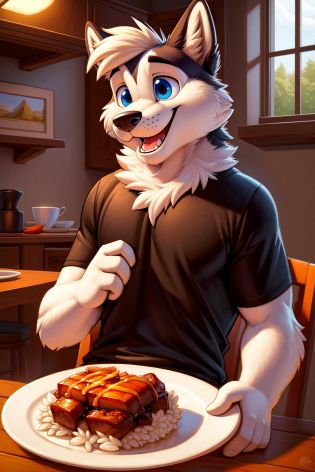 close portrait of adorable (fluffy, anthro furry husky:1.1), (detailed  expressive face, happy, excited, clear eyes:1.3 ), lovely, male,  oversized  t-shirt, floppy ears,  (solo focus:1.2), dinner, table, sitting, chair , a dish of Taiwan BRAISED PORK RICE,  indoor, (fluffy detailed body fur:1.1), masterpiece, highres, by Cory Loftis,  by Tom Whalen, by braeburned,  by Greg Rutkowski,  (by Alphonse Mucha:0.5)  , <lora:add_detail:0.3> , <lora:CommonTaiwaneseFood_24:1>