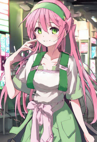 Anime girl holding hands with green hair and pink eyes, visual novels CG, visual novel, ; visual novel, close up iwakura lain, higurashi, anime moe art style, in ryuuou no oshigoto art style, pc screenshot, kantai collection arcade, small loli girl, anime style like fate