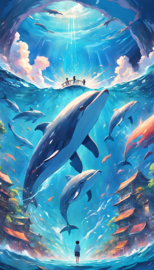 Painting of a pod of dolphins swimming in colorful ocean, Look up at the composition?sky whales, Inspired by Cyril Rolando, dreamy psychedelic anime, colorful anime movie background, A beautiful artwork illustration, author?Shitao, colorful concept art, Makoto Shinkai Cyril Rolando, In the style of Cyril Rolando, flying whale, Highly detailed watercolor 8K, highly detailed water colour 8 k?octane?Fine?Realistic?8K?Estilo de Makoto Shinkai( reasonable design, Clear lines, High sharpness,Best quality, Very detailed, Masterpiece, movie light effect, 4K )