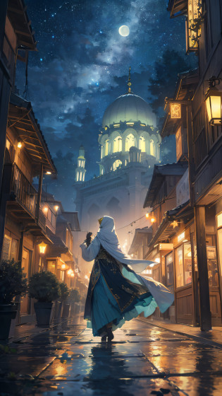 big mosque, muslim, muslim walking, As twilight blankets the realm, the heavens come alive with a celestial spectacle. Countless stars twinkle like shimmering diamonds, their ethereal glow casting a soft illumination upon the landscape. The moon, radiant and full, bathes everything in a gentle silver light, accentuating the enchantment that lies within. At the heart of the composition stands a majestic mechanical frog�a testament to both artistry and engineering prowess. Crafted with meticulous detail, its metallic frame gleams in the moonlight, adorned with ornate patterns and intricate engravings. Gears and mechanisms intertwine seamlessly, bringing the creature to life with graceful movements. a mesmerizing marvel of human innovation and imagination. Mosque adorned with neon lights reach towards the heavens, their vibrant hues painting the night sky with a kaleidoscope of colors. Tiny windows flicker like stars, revealing glimpses of bustling activity within the city's vibrant streets. As the mechanical frog traverses the landscape, its steps create a gentle rhythmic hum that reverberates through the air�a symphony of wonder and possibility. Each hop is a delicate dance, leaving behind a trail of glittering stardust that twinkles like a celestial pathway. The surrounding environment is a harmonious blend of nature and fantasy. Lush greenery and blooming flowers flourish beneath the moon's gentle gaze, their petals embracing the night with delicate fragrances. Majestic trees, their branches adorned with luminescent moss, stand sentinel, casting surreal shadows upon the landscape. A winding river meanders through the scene, its waters mirroring the starry spectacle above. It whispers secrets as it flows, weaving a tale that only those who listen closely can understand. Along its banks, fireflies illuminate the darkness with their gentle glow