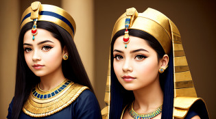 GIRL CHILD BLONDE WITH LONG HAIR, A PORTRAIT, of a bust of a mENINA CHILD wearing a hat, wearing an egyptian crown, Nefertiti, ancient egyptian, egyptian, egyptian makeup, precise for egyptian tradition, egyptian art, makeup of egypt, beautiful and huge head ornaments, ancient egyptian art, ancient egyptian art, ancient egypt, beautiful cleopatra, egyptian princess,  Ancient Princess Libu