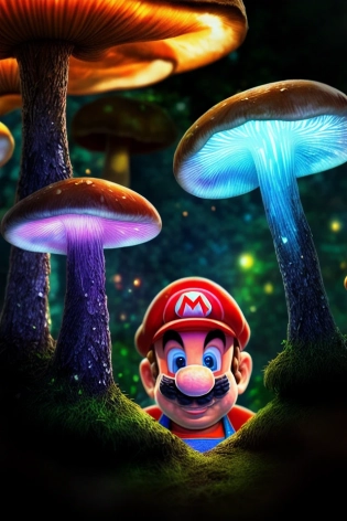 RAW photo, wide angle, . panoramic view, magical forest with glowing mushrooms in the background, drops, neon lights around the mushroom, faded, hyperdetailed, BREAK, (half body portrait of a realistic old Super Mario)