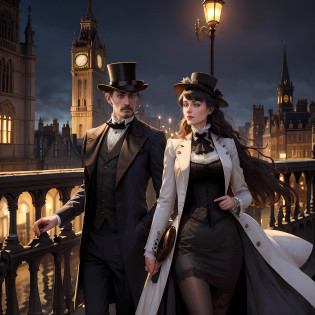 they are dressed in victorian fashion and walking on a bridge, both wearing victorian clothes, wearing victorian clothes, victorian steampunk mega city, wearing steampunk attire, victorian london, in steampunk cityscape, in a steampunk distopian city, victorian steampunk city vista, victorian city, steampunk clothes, wearing fantasy formal clothing, wearing modern gothic clothes, victorian gothic, victorian inspired clothing