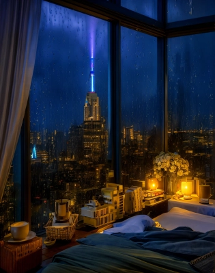 arafed view of a city from a bedroom with a bed and a window, rooftop romantic, rainy evening, cozy atmospheric, rainy afternoon, cozy room, cozy place, by Evgeny Lushpin, rainy night, romantic atmosphere, cozy setting, rainy city at night, city at night in the rain, romantic ambiente, dreamy and romantic, new york city