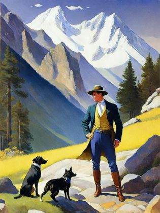 <lora:N.C.Wyeth:1>a painting of a man and a dog on a rocky path with a mountain in the background by N.C. Wyeth
