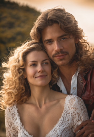 (photographie de couple),(Realistic style),(homme et femme),(relation amoureuse),(expression de tendresse),(sincere emotion),(Romantic decoration),(natural beauty),(softlighting),(fond artistique),(Intimate scene),(nuances de couleurs chaudes),(Attention to detail),(Natural and relaxed pose),(premier quality),(Captivating realism), (brunette blonde woman with curly blonde hair, grand sourire, grosse poitrine, Flawless face, perfection, An elegant woman in a beautiful red dress), (Detailed model, 300mm, f/2.8, 4k, plan large portrait, Park background, volumeric lighting, photographie artistique, mains parfaites, Detailed hands, visage parfait, corps parfait avec courbes)