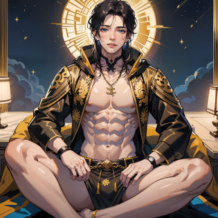 muscular boy, masculine features, wild, masculine, valiant, handsome, rugged, hoodie, traditional Chinese costume, fusion of ancient Chinese and modern, king of rappers, pectoral muscles, abs, cool atmosphere, sitting, solid posture, fashionista, stylish, colorful, individual, luxurious, Cantonese, singing, dancing, sky with stars shining like dreams, quiet night book, Starry sky blooming brightly, whispering dream and confusion border, Cantonese pride, yellow